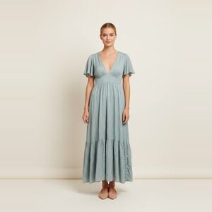 Storia Seafoam Tiered Maxi Dress Deep V Flutter Sleeve Boho Women L
